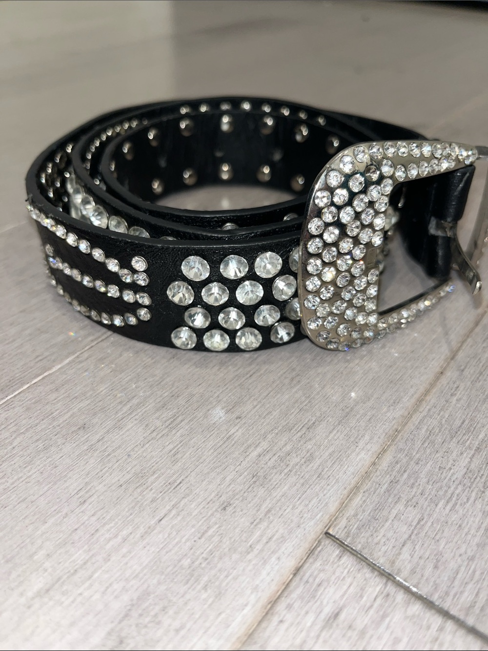 Black Studded Western-Style Leather Belt Rhinestones
